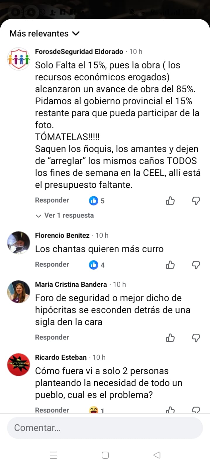 Foros de Seguridad de Eldorado denuncian una cuenta falsa de Facebook que utiliza su nombre para publicaciones políticas 3